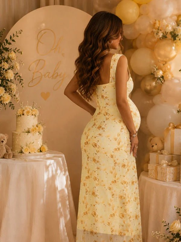 Spaghetti Strap Print Sheer Backless Grenadine Maternity Baby Shower Maxi Dress for Maternity