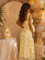 Spaghetti Strap Print Sheer Backless Grenadine Maternity Baby Shower Maxi Dress for Maternity
