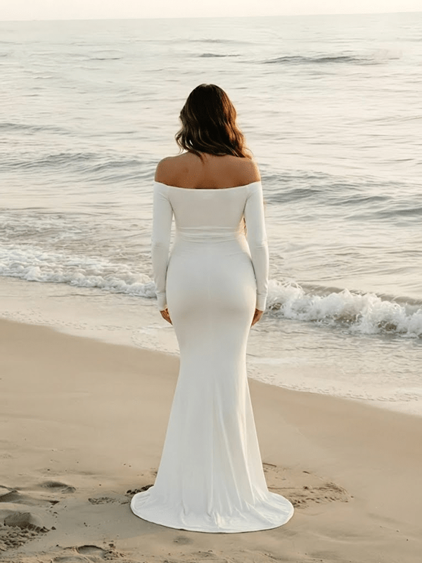 Elegant White Cut Out Off Shoulder Mermaid Maternity Photoshoot Maxi Dress for Maternity