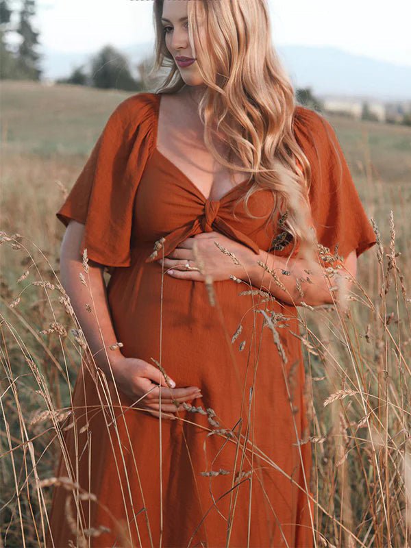 Bow Flutter Sleeve Solid V-neck Flowy Beach Cute Photoshoot Baby Shower Maternity Maxi Dress for Maternity