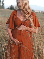 Bow Flutter Sleeve Solid V-neck Flowy Beach Cute Photoshoot Baby Shower Maternity Maxi Dress for Maternity