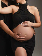 Side Slit Halter Neck Two Piece Maternity Photoshoot Maxi Dress for Maternity
