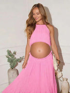 Chic Pleated Halter Neck Backless Flowy Two Piece Vacation Maternity Maxi Dress for Maternity