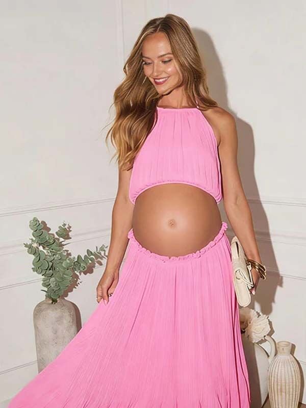 Chic Pleated Halter Neck Backless Flowy Two Piece Vacation Maternity Maxi Dress for Maternity