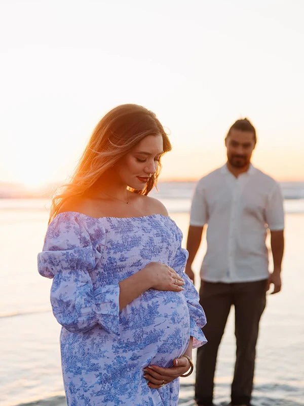 Ruffle Ruched High Waist Puff Sleeve Cute Photoshoot Maternity Maxi Dress for Maternity