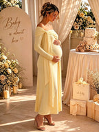 Elegant Yellow Off Shoulder Side Draped Lace-up Ruched Mermaid Maternity Baby Shower Maxi Dress for Maternity
