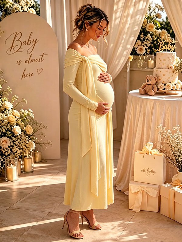 Elegant Yellow Off Shoulder Side Draped Lace-up Ruched Mermaid Maternity Baby Shower Maxi Dress for Maternity