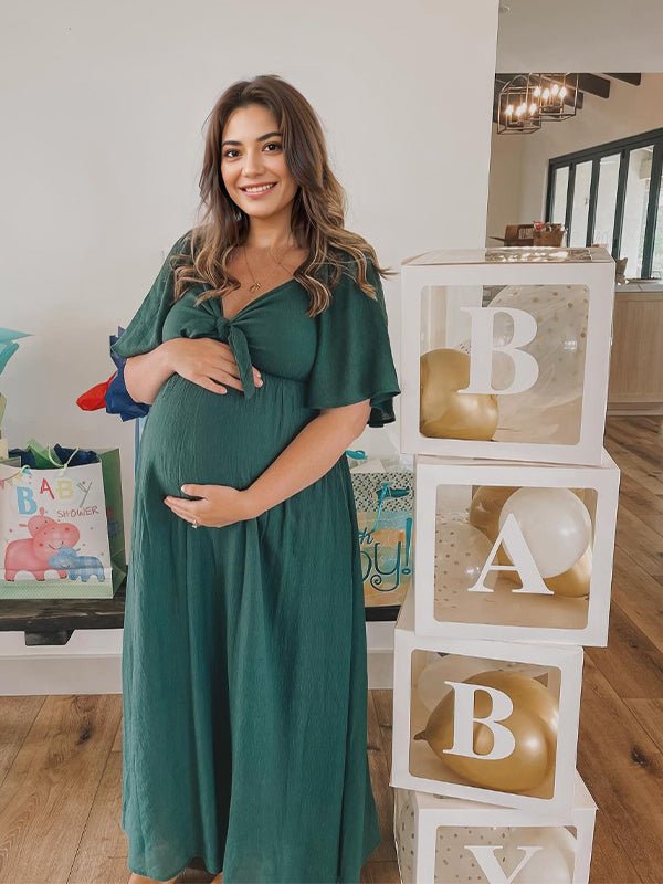 Bow Flutter Sleeve Solid V-neck Flowy Vacation Beach Cute Baby Shower Photoshoot Maternity Maxi Dress for Maternity