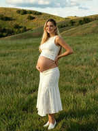 Ivory-white Round Neck Wavy Edge Two Piece Fashion Bodycon Vacation Photoshoot Maternity Midi Dress for Maternity
