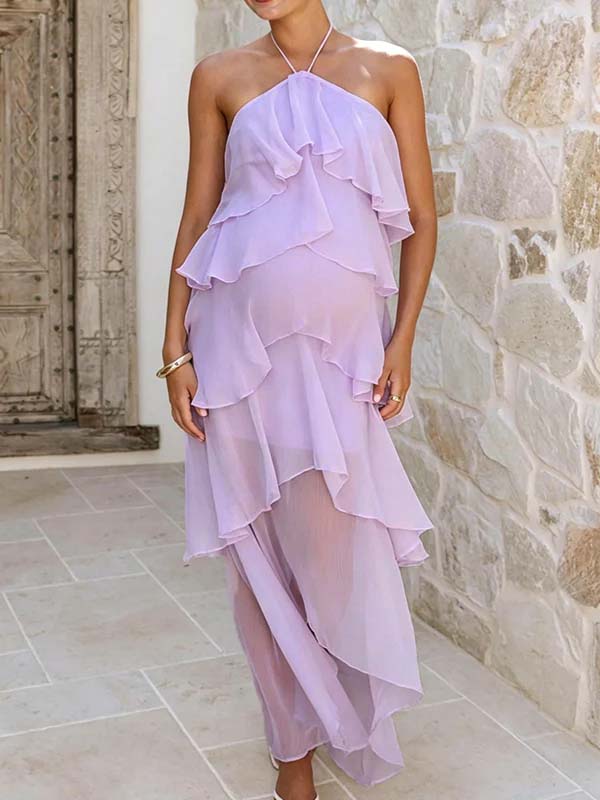 Halter Neck Ruffle Backless Falbala Lace Up Maternity Baby Shower Maxi Dress for Maternity