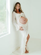 Ivory Sheer Ruffle Cut Out Crop Slit Falbala Deep V-neck Mermaid Elegant Maternity Photoshoot Maxi Dress for Maternity