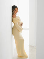 Yellow Knit Off Shoulder Flare Sleeve Mermaid Bodycon Elegant Vacation Photoshoot Baby Shower Maternity Maxi Dress for Maternity