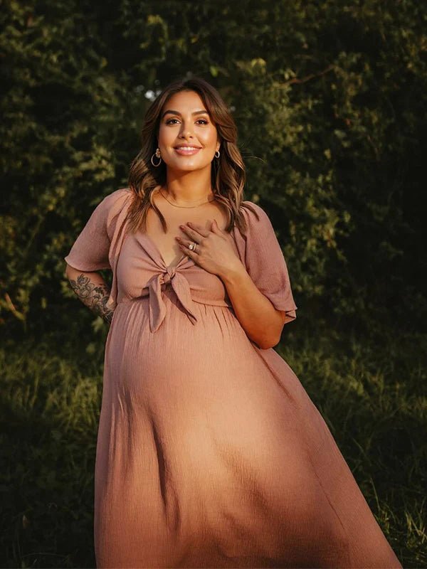 Bow Flutter Sleeve Solid V-neck Flowy Vacation Beach Cute Baby Shower Photoshoot Maternity Maxi Dress for Maternity