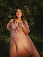 Bow Flutter Sleeve Solid V-neck Flowy Vacation Beach Cute Baby Shower Photoshoot Maternity Maxi Dress for Maternity