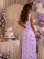 Spaghetti Strap Print Sheer Backless Grenadine Maternity Baby Shower Maxi Dress for Maternity