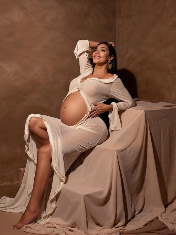 White Ruffle Cut Out Crop Irregular Split Sheer Vacation Dress Bodycon Photoshoot Maternity Maxi Dress for Maternity