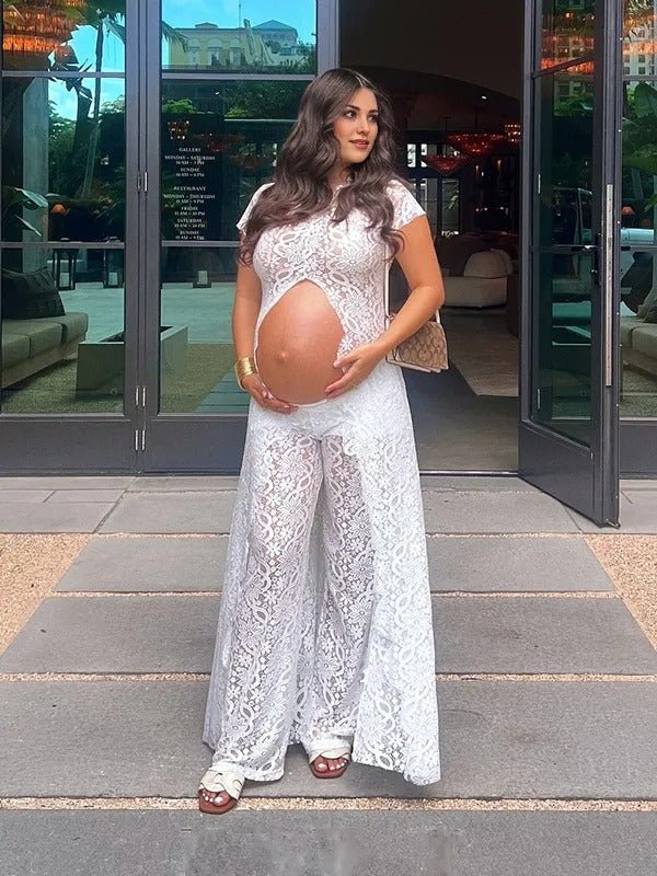Chic White Side Slit Lace Photoshoot Vacation Two Piece Maternity Top Pant for Maternity