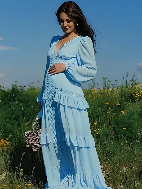 Ruffle Lace Hollow Out Silt Lantern Sleeve Boho Maternity Maxi Dress for Maternity