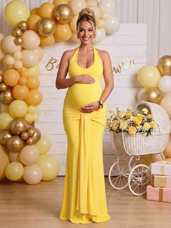 Ruched Bowknot Draped Backless Halter Neck Bodycon Baby Shower Maternity Maxi Dress for Maternity
