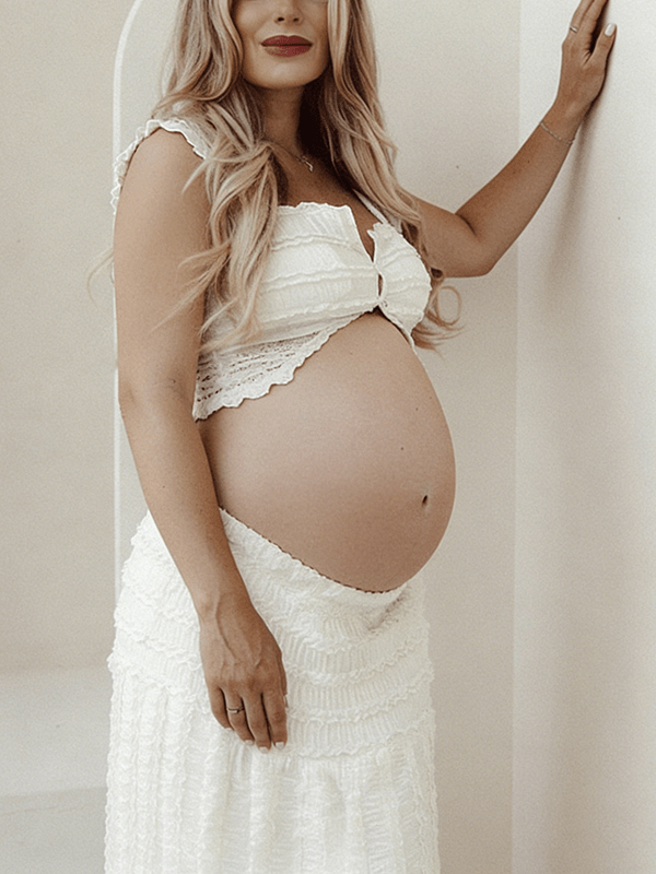 White Ruffle Ruched Smocked Buttons Crop Two Piece Set Maternity Maxi Dress for Maternity