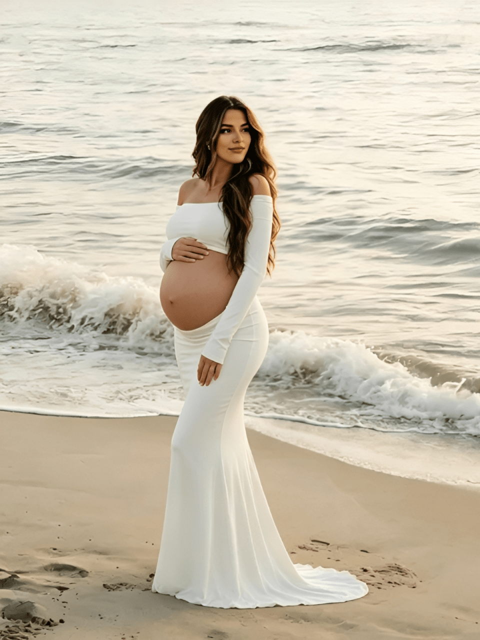 Elegant White Cut Out Off Shoulder Mermaid Maternity Photoshoot Maxi Dress for Maternity