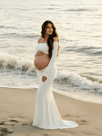 Elegant White Cut Out Off Shoulder Mermaid Maternity Photoshoot Maxi Dress for Maternity