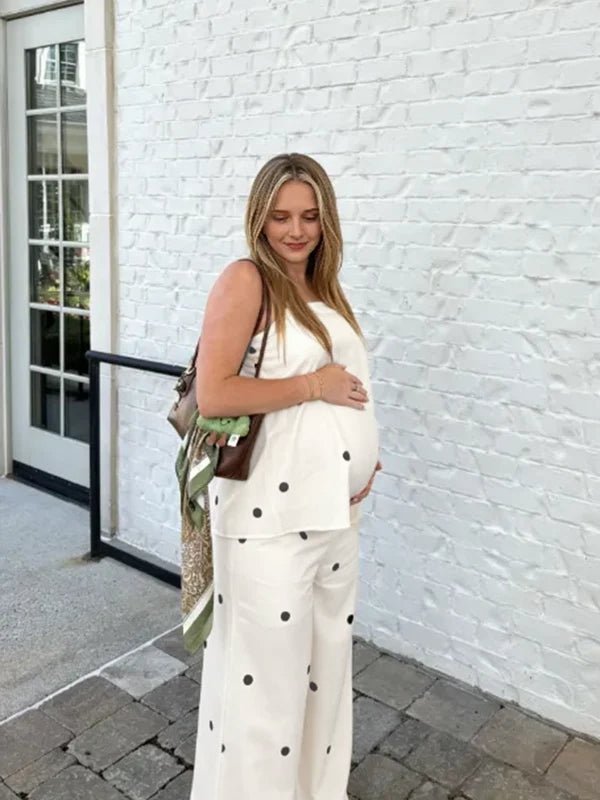 Sweet White Polka Dot Bandeau Two Piece Maternity Tank Top Wide Leg Pant for Maternity