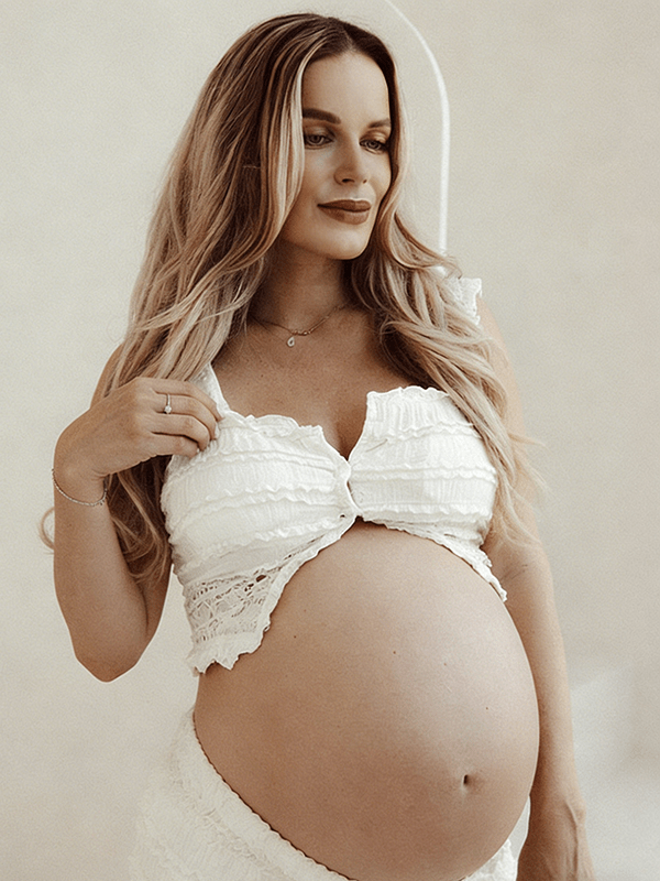 White Ruffle Ruched Smocked Buttons Crop Two Piece Set Maternity Maxi Dress for Maternity