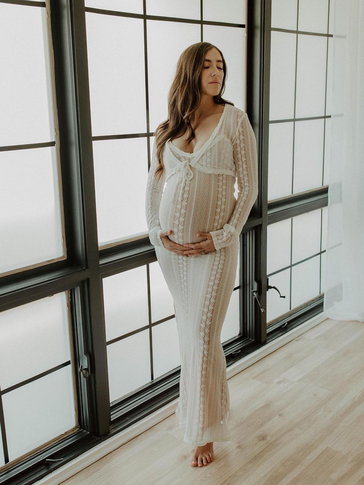 Ivory Lace Two Piece Set Side Slit V-neck Cami Maxi Dress And Crop Cardigan Elegant Going Out Maternity Photoshoot Baby Shower Maxi Dress for Maternity