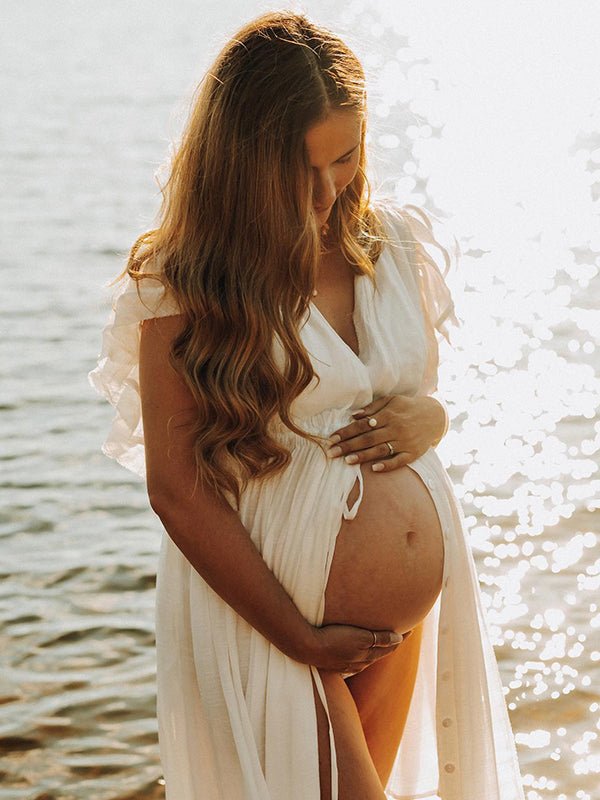 White Deep V Neck Button Down Boho Beach Bikini Cover Up Dress Party Photoshoot Maternity Dress for Maternity