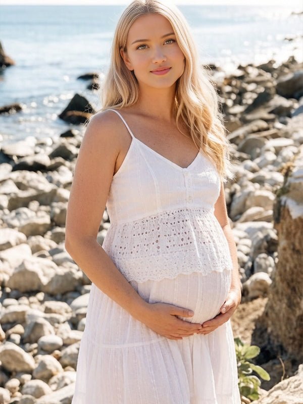 White Spaghetti Strap Bohemian Lace Backless Two Piece Maternity Photoshoot Maxi Dress for Maternity