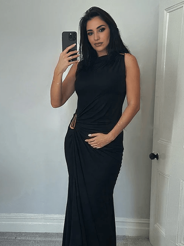 Chic Studded Cascading Ruffle Irregular Side Draped Baby Shower Cocktail Maternity Maxi Dress for Maternity