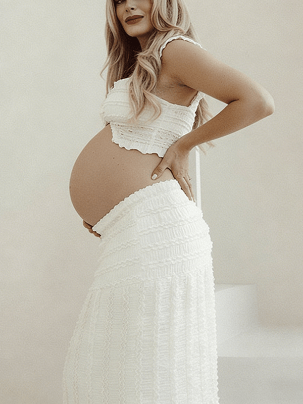 White Ruffle Ruched Smocked Buttons Crop Two Piece Set Maternity Maxi Dress for Maternity