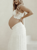 White Ruffle Ruched Smocked Buttons Crop Two Piece Set Maternity Maxi Dress for Maternity