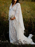 Floral Lace Backless Boho Baby Shower Flare Sleeve Pregnant Maternity Photoshoot Maxi Dress for Maternity