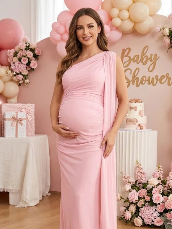 Chic Off Shoulder Side Draped Ribbons Mesh Bodycon Baby Shower Maternity Maxi Dress for Maternity