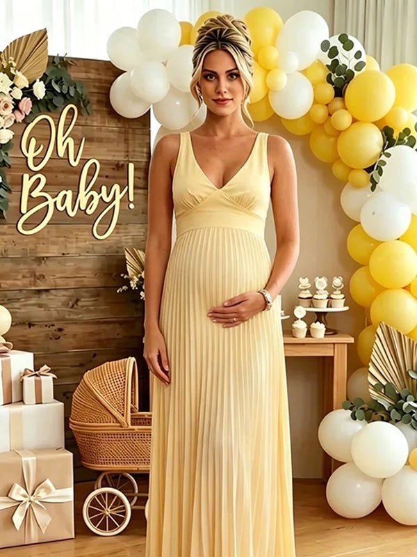 Chic Yellow Pleated Flowy Backless Tie Back Baby Shower Maternity Maxi Dress for Maternity