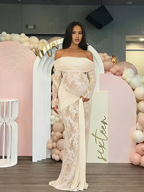 Apricot Off Shoulder Lace Spliced Lace Up Maternity Baby Shower Maxi Dress for Maternity