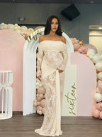 Apricot Off Shoulder Lace Spliced Lace Up Maternity Baby Shower Maxi Dress for Maternity