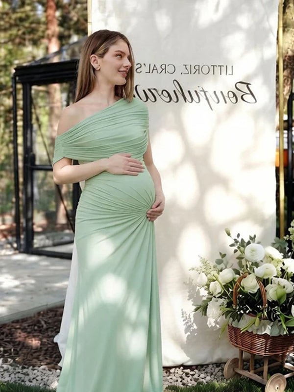 Green Oblique Shoulder Ruched Bodycon Backless Maternity Baby Shower Maxi Dress for Maternity