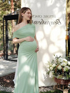 Green Oblique Shoulder Ruched Bodycon Backless Maternity Baby Shower Maxi Dress for Maternity