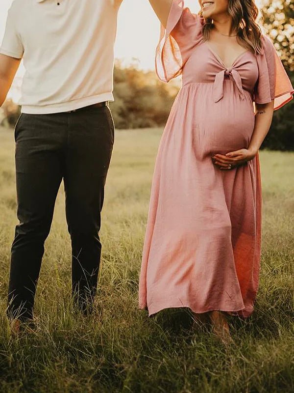 Bow Flutter Sleeve Solid V-neck Flowy Vacation Beach Cute Baby Shower Photoshoot Maternity Maxi Dress for Maternity