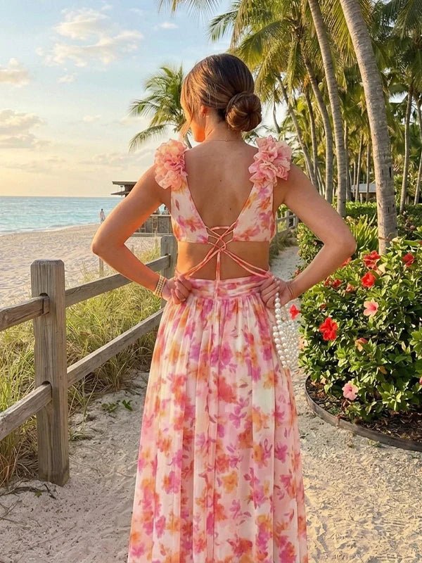 Orange 3d Flower Ruched Ruffle Floral Mesh Lace-up Backless Vacation Photoshot Maternity Maxi Dress for Maternity