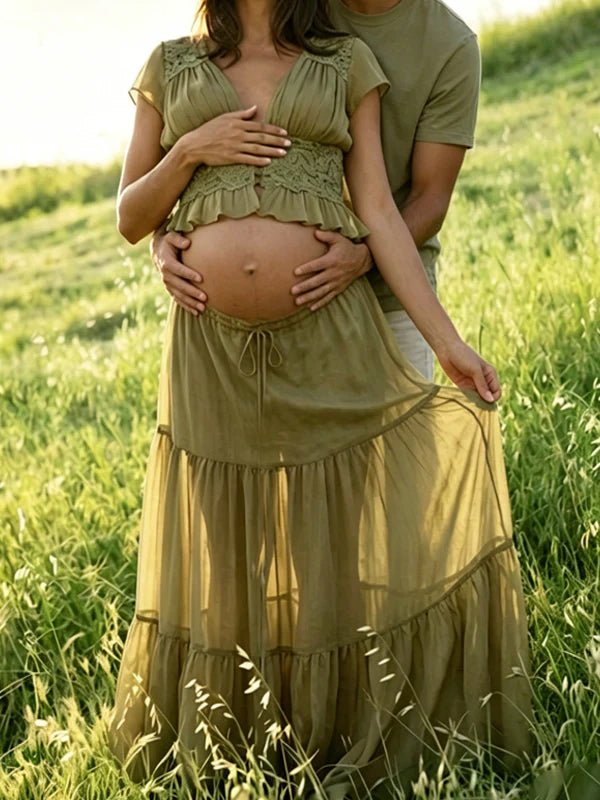 Green Lace Button Lace Up Splicing Two Piece Maternity Photoshoot Maxi Dress for Maternity