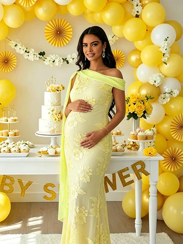 Embroidered One-shoulder Mesh Floral Shoulder Streamer Bodycon Baby Shower Maternity Maxi Dress for Maternity