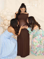 Dark Brown Oblique Shoulder Sheer Draped Hem Ruched Maternity Baby Shower Maxi Dress for Maternity