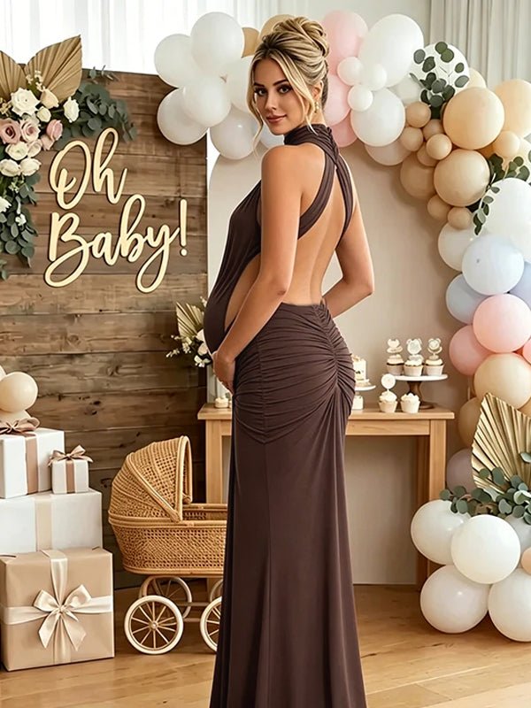 Ruched Bowknot Draped High Neck Backless Bodycon Elegant Maternity Baby Shower Maxi Dress for Maternity