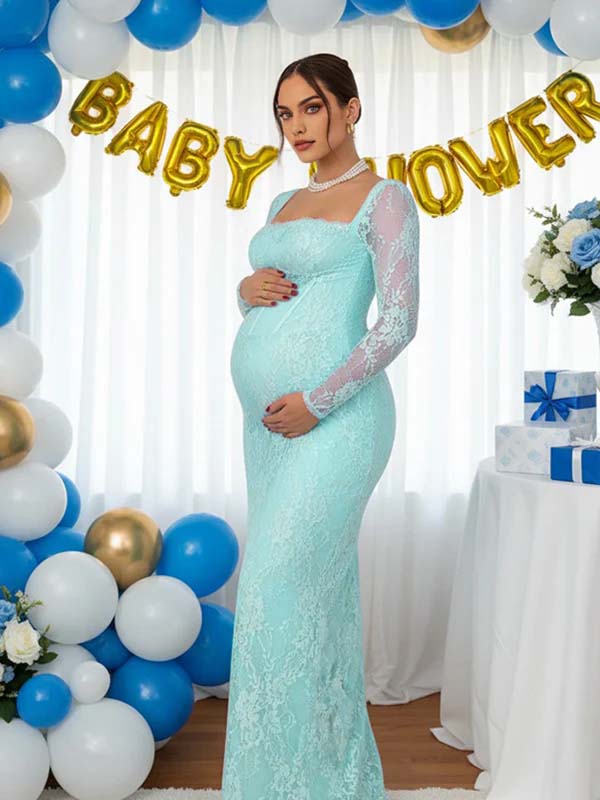 Lace Ruffle Back Slit Square Neck Bodycon Maternity Maxi Dress for Maternity