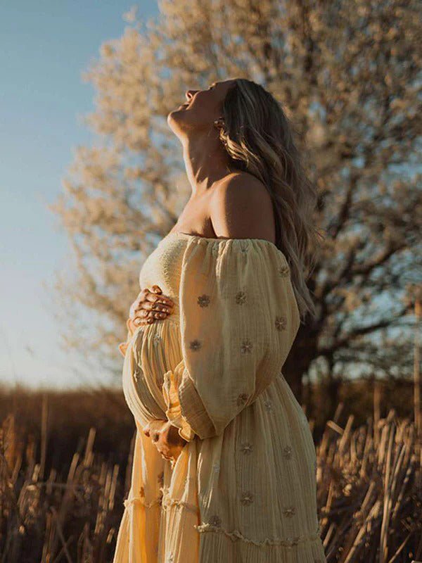 Apricot Daisy Off Shoulder Ruffle Boho Maternity Photoshoot Maxi Dress for Maternity