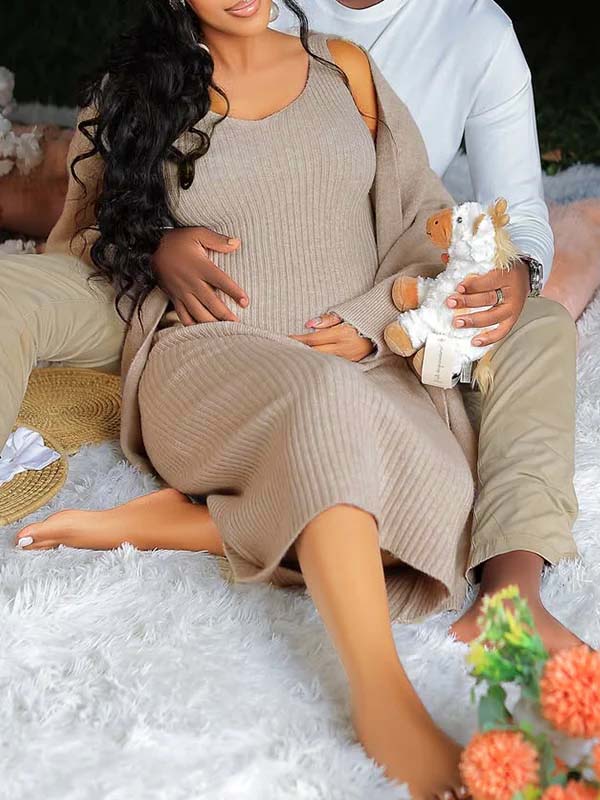 Light Coffee Knit Tank Dress And Long Cardigan Two Piece Set Maternity Maxi Dress for Maternity